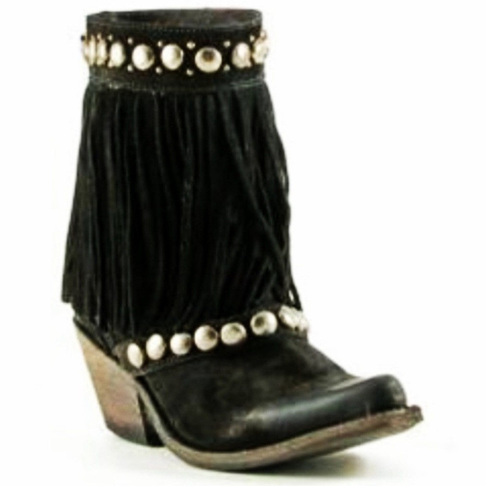 Liberty Black Western Fringe Studded Leather Boots size 7.5